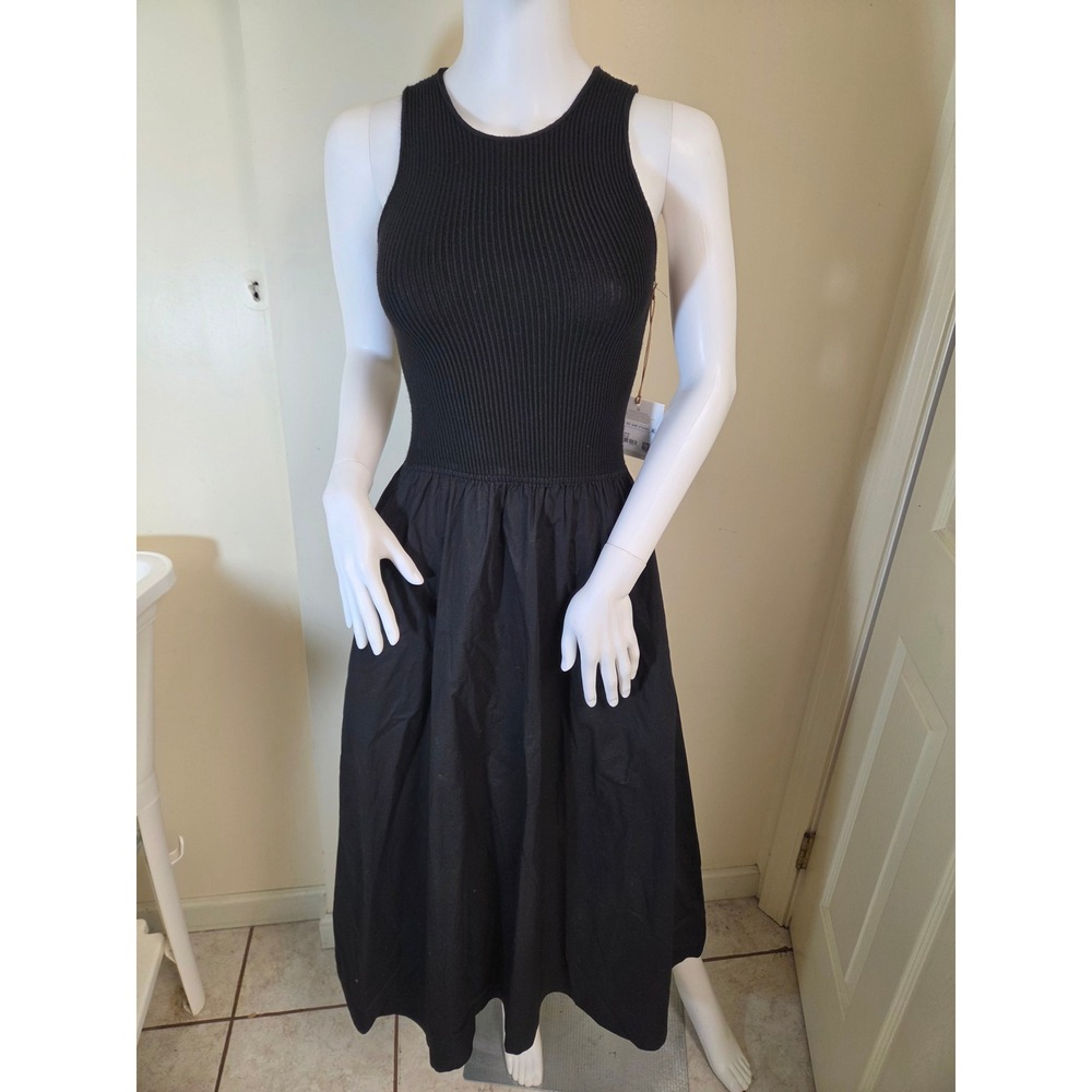 AE77 New York Women Black Ribbed Knit Woven Cotton Maxi Dress XS NWT